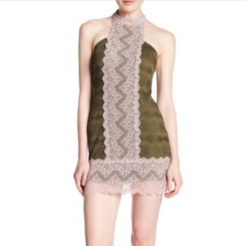 Free People Natasha Pink Green lace halter mini bodycon dress